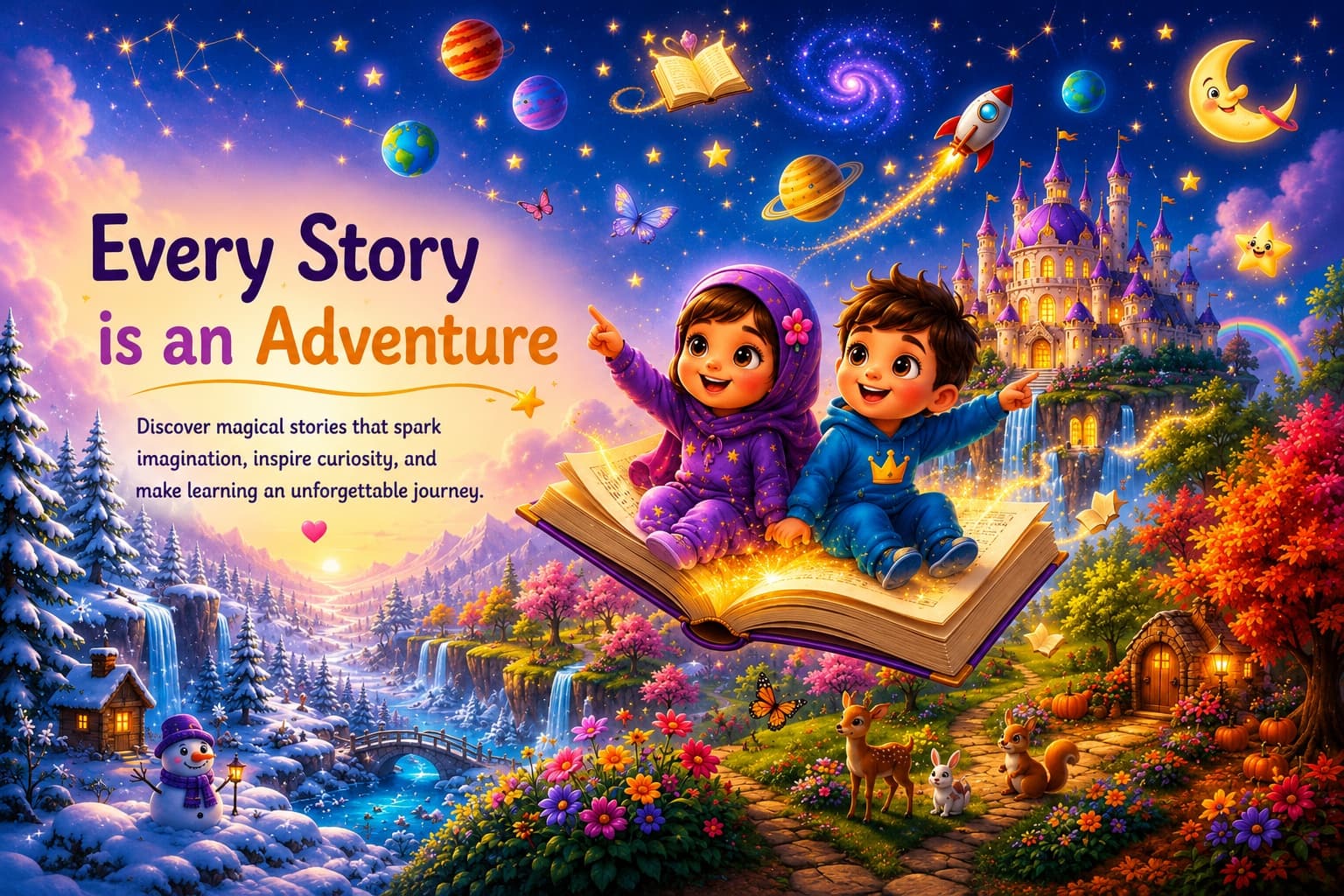 Every Story is an Adventure — Eshaal and Elhan fly over a magical land on a giant storybook, discover magical stories that spark imagination, inspire curiosity, and make learning an unforgettable journey