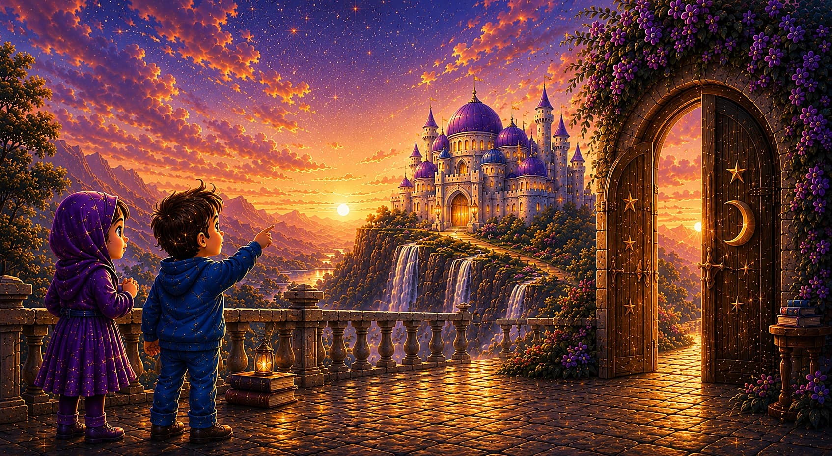 Two children looking out at a castle at sunset beside a glowing magical gate
