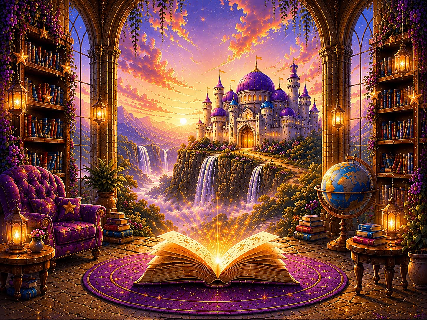 A magical library opening onto a castle in the clouds